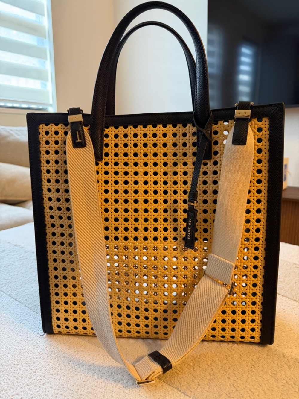 Ted Baker London Yellow Woven Tote with Black Trim and Cream Strap